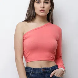 Cation Women Coral Solid Fitted Pure Cotton Top-image-12