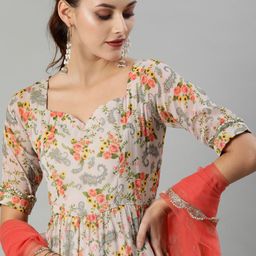 Inddus Women Beige & Peach-Coloured Floral Print Anarkali Kurta With Dupatta-image-4