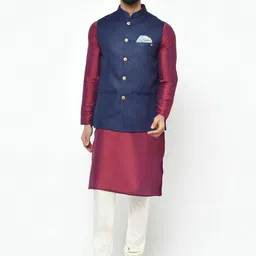 KISAH Men Maroon & White Solid Kurta with Pyjamas& Nehru Jacket-picture-24