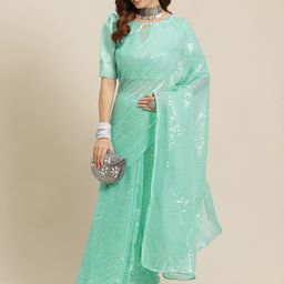 Mitera Turquoise Blue Embellished Sequinned Saree-image-22