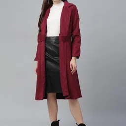 Athena Women Burgundy Solid Suede Coat With Side Flap Detail-image-55