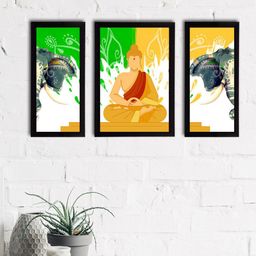 eCraftIndia Set Of 3 Orange & Green Meditating Lord Buddha Satin Matt Textured UV Art Painting-image-22