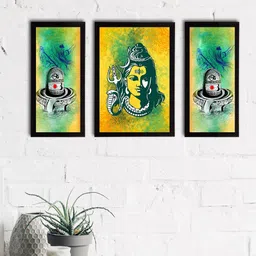 eCraftIndia Set of 3 Yellow & Green Lord Shiva Satin Matt Textured UV Wall Paintings-picture-16