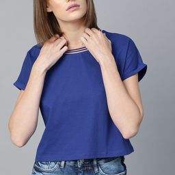 Roadster Women Blue Boxy Fit Solid Round Neck Crop T-shirt-image-51