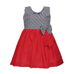 Wish Karo Girls Red & Navy Blue Striped Fit and Flare Dress-image-94