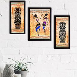 eCraftIndia Set Of 3 Brown & Black Tribal Theme Wall Paintings-image-35