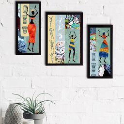 eCraftIndia Set of 3 Green & Orange Tribal Theme Satin Matt Textured UV Wall Paintings-image-71
