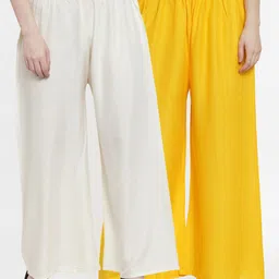 TAG 7 Women Pack Of 2 Yellow & Off-White Solid Flared Palazzos-picture-4
