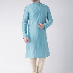 LAMAAYA Men Blue & Cream-Coloured Self Design Kurta with Churidar-picture-11
