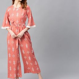 Juniper Women Peach-Coloured & Off-White Printed Basic Jumpsuit-48