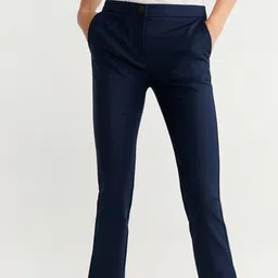 MANGO Women Navy Blue Regular Fit Solid Smart Casual Trousers-image-19