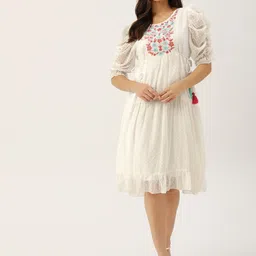 Antheaa White Floral Chiffon Embroidered Laced A-Line Dress-image-34