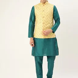 SOJANYA Men Teal Blue & Yellow Solid Kurta with Churidar & Nehru Jacket-picture-18
