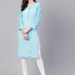 ADA Women Blue & White Chikankari Embroidered Sheer Straight Sustainable Handloom Kurta-image-60