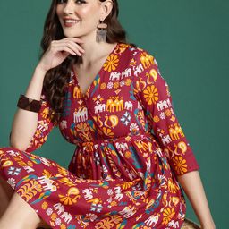 Sangria Tribal Print Fit & Flare Dress-image-99