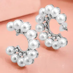 Rubans Silver-Plated Pearl-Studded Hoop Earrings-image-80