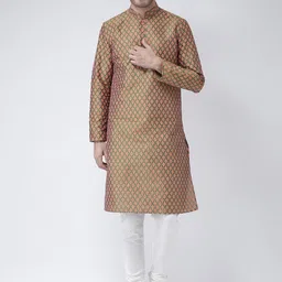 DEYANN Men Green & Peach-Coloured Printed Straight Kurta-image-45