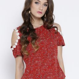 RARE Women Red Lightweight Printed Blouson Top-image-11