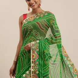 Mitera Green Printed Gotta Patti Bandhani Saree-23
