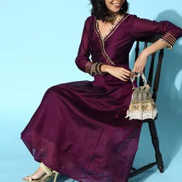 Inddus Women Purple Chanderi Cotton Swirling Volume Kurta-picture-36