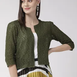 Style Quotient Women Olive Green Self Design Open Front Crop Shrug-7