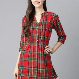 One Femme Red Mandarin Collar Checked Tunic-picture-58