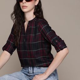 The Roadster Lifestyle Co. Checked Mandarin Collar Roll-Up Sleeves Shirt Style Top-image-16