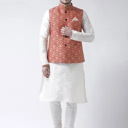 DEYANN Men White & Red Solid Kurta with Pyjamas & Nehru Jacket-8
