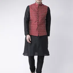 DEYANN Men Black & Red Solid Kurta with Pyjamas & Nehru Jacket-58