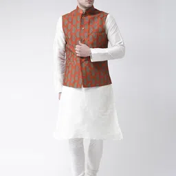DEYANN Men White & Rust Orange Solid Kurta with Pyjamas & Nehru Jacket-25