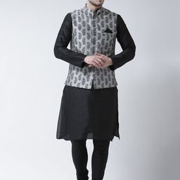 DEYANN Men Black & Silver Solid Kurta with Churidar & Nehru Jacket-32