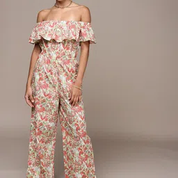 bebe Lily Green & Pink Holiday Off-Shoulder Printed Basic Jumpsuit-image-55