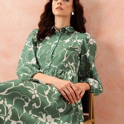 all about you Floral Print Puff Sleeve Shirt Style Formal Dress-image-64