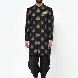 KISAH Men Black Printed Cotton Sherwani Set-image-56