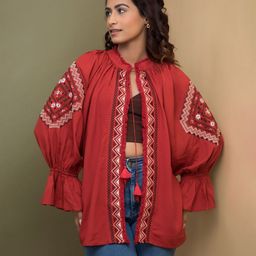 Rhe-Ana Geometric Embroidered Tie-Up Shrug-10