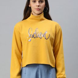 Campus Sutra Women Yellow Embellished Cropped Sweatshirt-image-17