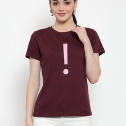 DOOR74 Women Maroon Printed Round Neck T-shirt-image-100