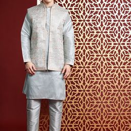 MANQ Ethnic Motifs Embroidered Sequinned Pure Cotton Kurta with Trousers & Nehru Jacket-1
