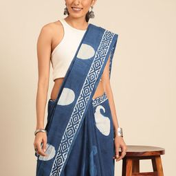 Taavi Indigo Block Print Pure Cotton Saree-image-9