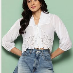 Killer Schiffli Embroidered Puff Sleeves Crop Semi-Sheer Shirt-Style Top-picture-24