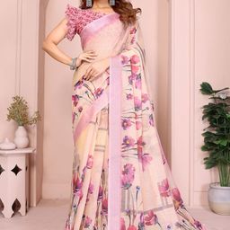 SUVIKAS CREATION Floral Printed Zari Linen Blend Saree-1