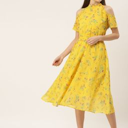 Deewa Yellow Floral Georgette A-Line Midi Dress-image-26