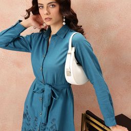 all about you Floral Embroidered Waist Tie-Ups Shirt Dress-image-56
