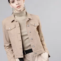 Tokyo Talkies Women Beige Solid Denim Jacket-image-31