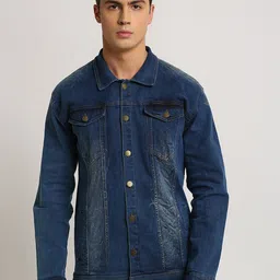 VOXATI Men Blue Solid Denim Jacket-image-63