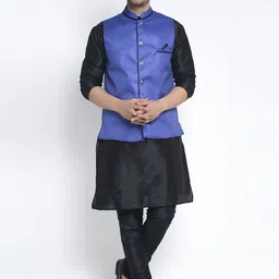 Benstoke Men Black Solid Kurta with Churidar and Nehru Jacket-image-7