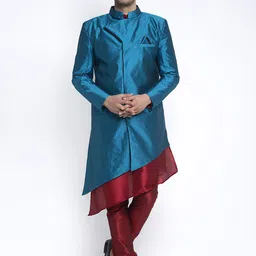 Benstoke Men Teal-Blue & Maroon Self Design Sherwani Set-image-97