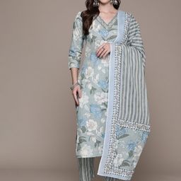 Readiprint Fashions Floral Printed Sequinned Pure Cotton Kurta with Trousers & Dupatta-35