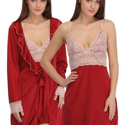 Clovia Maroon & Pink Satin Baby-Doll Nightdress with Robe NS0799P09-image-27
