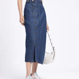 glitchez Denim Bliss Midi Straight Skirt with Side Slit-image-89